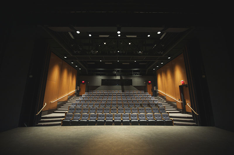 Interior view of the Huronia Players' theatre showing the seating area as seen from the stage.